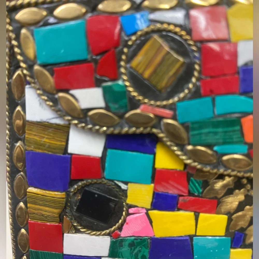 Clutch Crossbody Handcrafted Mosaic Stone Tiles Bag Chain Ornate Metal ANTIQUE - Picture 4 of 15